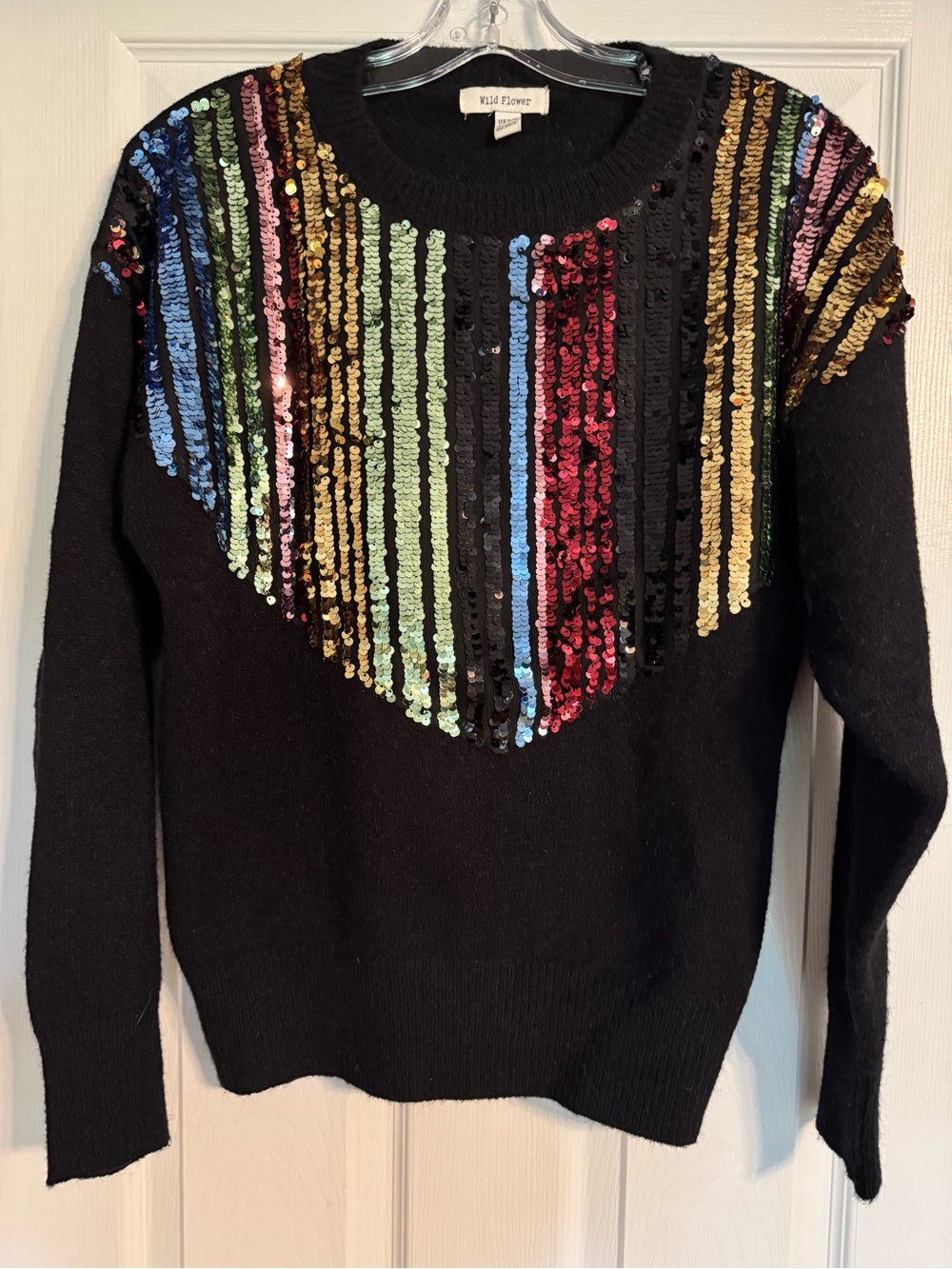 Black Crewneck Sweater with Multicolor Sequin Stripes